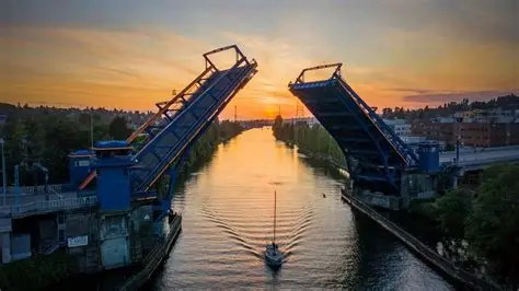 Fremont Bridge in Seattle at sunset with drawbridge raised